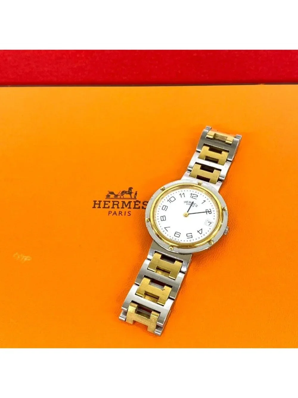 Hermes Vintage Clipper Stainless Steel Quartz Watch Silver Gold